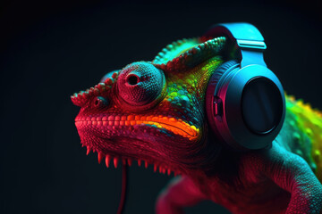 Chameleon in headphones. Chameleon leastening music. Generative AI
