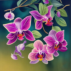 Purple orchids with green leaves on a yellow-green gradient background