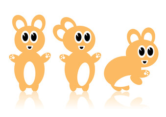 An illustrated background of three rabbits in different emotions, isolated on white background.