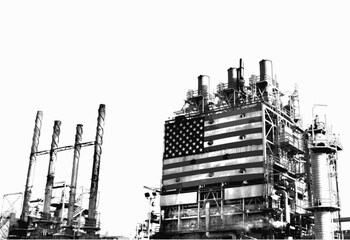 Part of oil refinery complex with big american flag displayed. Fumes coming out from the chimney.