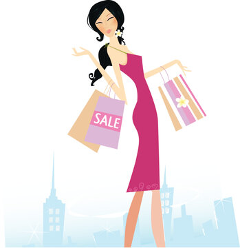 Woman with shopping bags in town. High detailed vector Illustration.  See similar pictures in my portfolio!