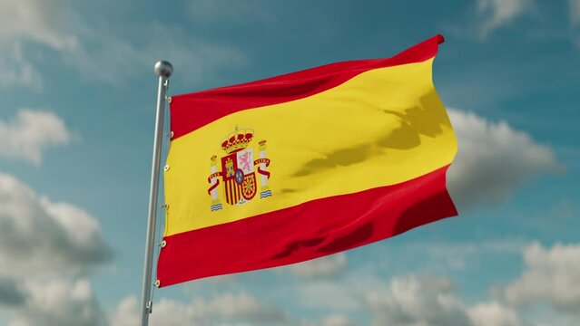 Flag of Spain, looped and seamless. Fabric texture, realistic wind, bottom view.