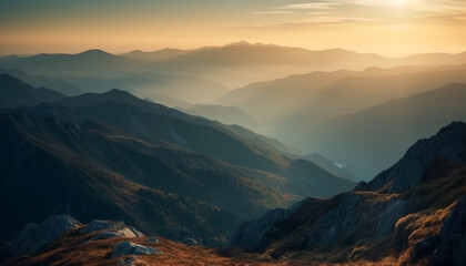Majestic mountain peak, tranquil sunrise, panoramic landscape generated by AI