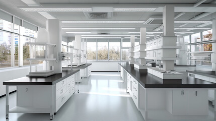 A scientific research lab with a lot of white cabinets and counters. Generative AI laboratory interior