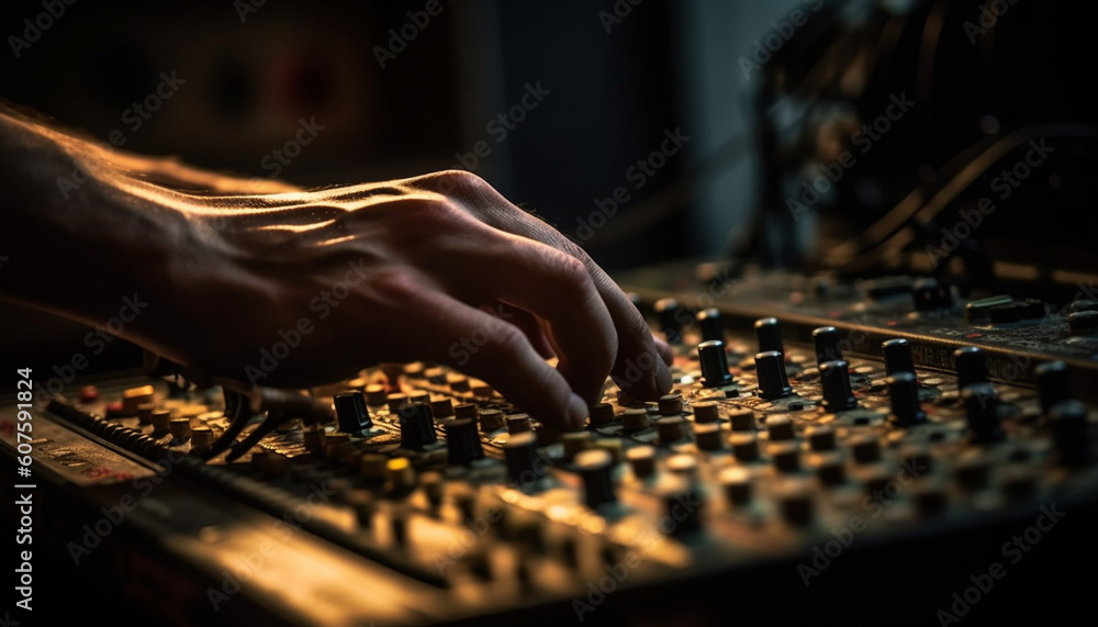 Poster sound engineer adjusting knob on illuminated mixer generated by ai