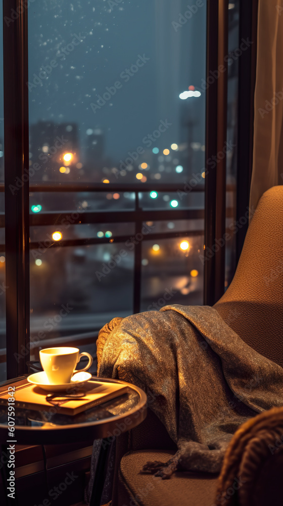 Poster a table with a cup of coffee on it next to a window. generative ai. lamp illuminating reading nook b
