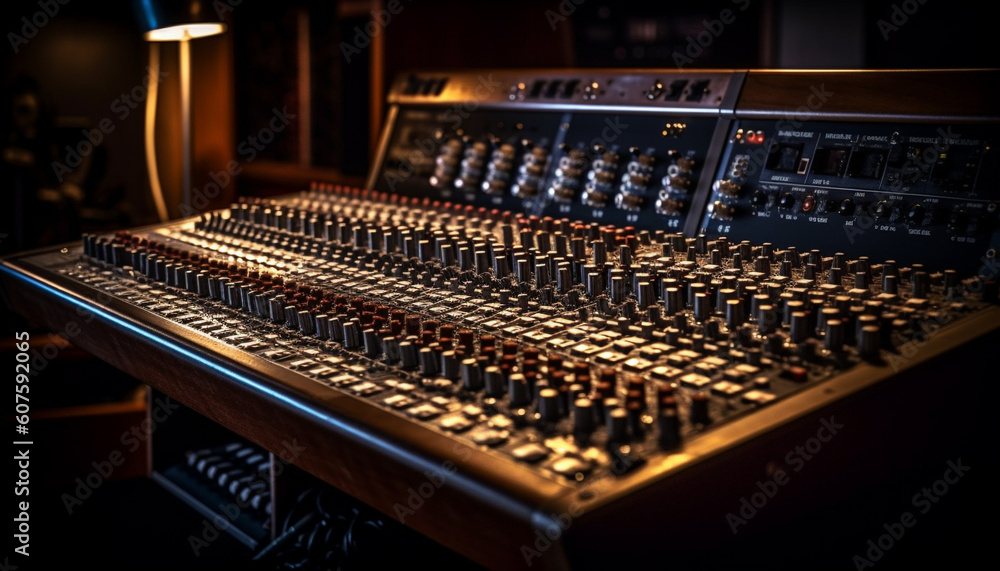 Poster sound engineer adjusts knobs on mixing console generated by ai
