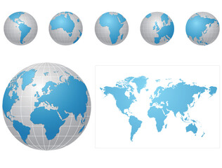 Global icons and map blue and gray