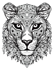 Obraz premium Cheetah head black white illustration, outline for coloring book page, generative AI coloring card