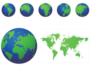 Global icons and map blue and green