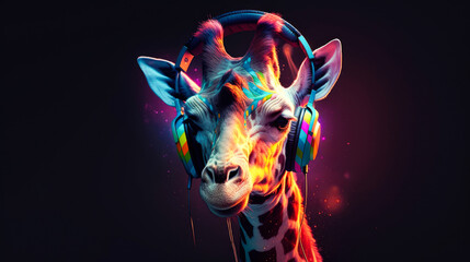 Giraffe head in headphones. giraffe leastening music. Generative AI - obrazy, fototapety, plakaty