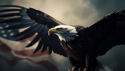 Obraz premium Majestic bald eagle flying with spread wings generated by AI