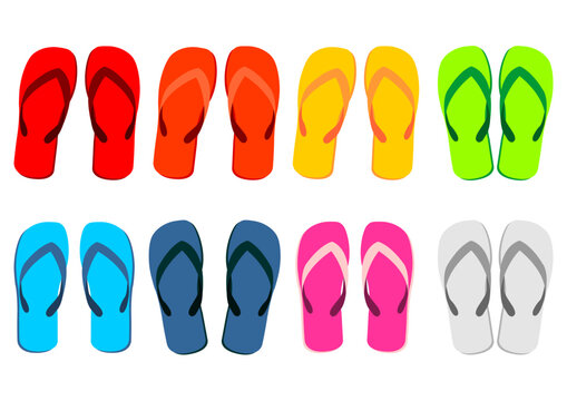Beach sandals set. Different colorful flip-flops over white background