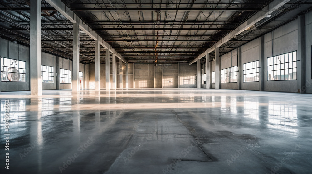 Poster a large empty warehouse with lots of windows. generative ai.