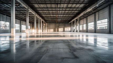 A large empty warehouse with lots of windows. Generative AI.