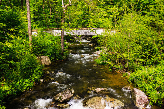 Flowing rocky creek with arched wooden bridge at Crabtree Falls Virginia