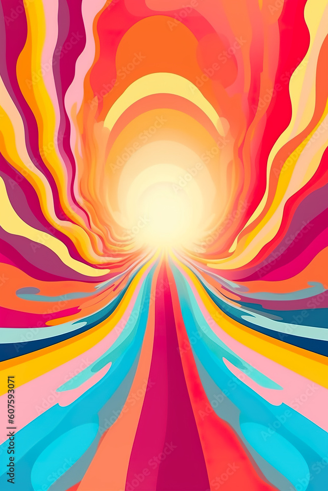 Poster a colorful abstract background with a bright light at the end of the tunnel. generative ai.