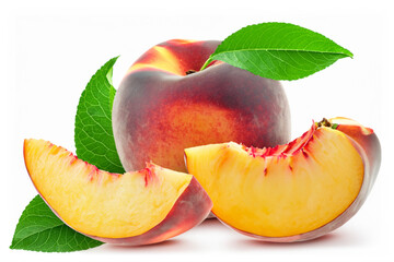 Fresh Peach slice and whole with leaves isolated on white background