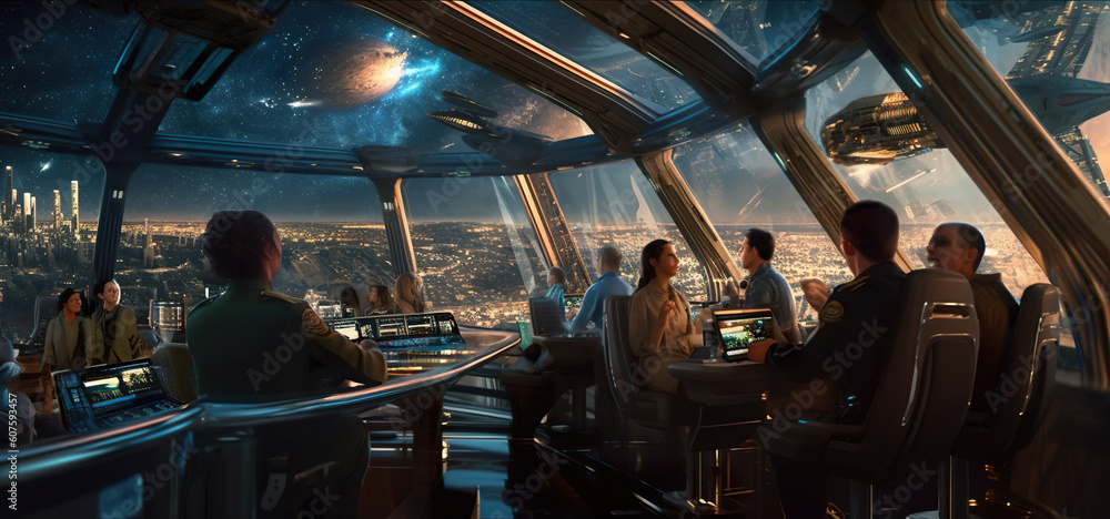 Poster a group of people sitting at a table in a spaceship. generative ai.