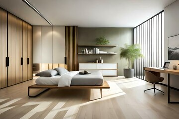 Fototapeta na wymiar Double bedroom, minimalist-style interior design