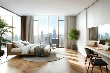 Naklejka na ściany i meble Double bedroom, minimalist-style interior design