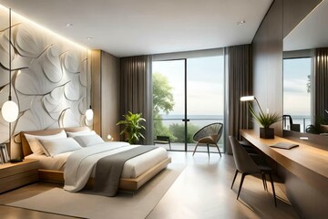 Naklejka na ściany i meble Double bedroom, minimalist-style interior design