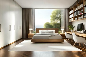 Fototapeta na wymiar Double bedroom, minimalist-style interior design