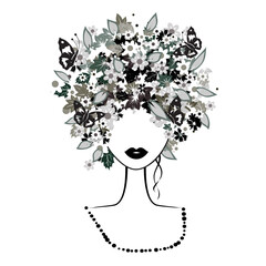 Face woman, floral hairstyle