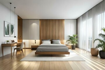 Obraz na płótnie Canvas Double bedroom, minimalist-style interior design
