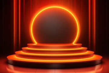 Podium with orange neon lights. Ai