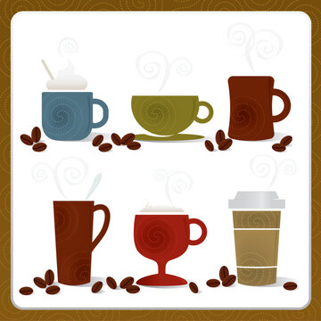 Whimsical Coffee cup illustrations; Swirly and stylized with coffee beans. Easy-edit layered file.
