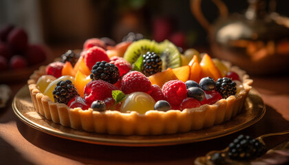 Sweet berry tart on wooden plate, homemade generated by AI