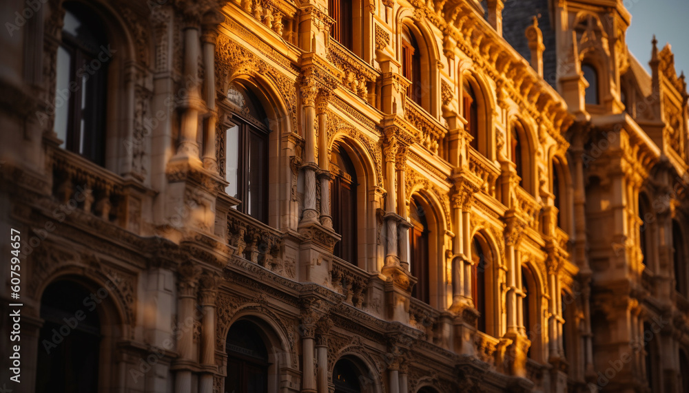 Poster majestic sandstone building, illuminated at dusk generated by ai