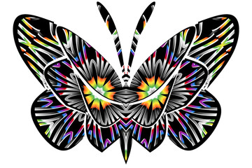 The symmetrical illustration logo in the shape of a butterfly has dynamic gradient batik flower line art in a luxurious pattern colour 
