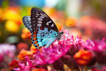 Macro close-up of a colorful butterfly sitting on a flower.  Generated using artificial intelligence AI