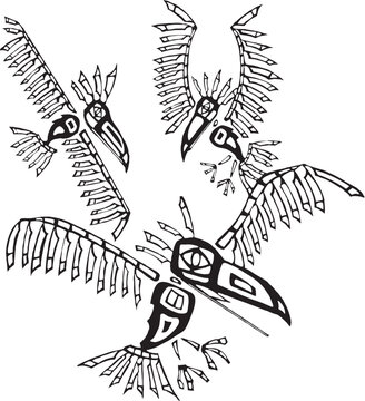 Three Ravens depicted in the style of Northwest Coast Native cultures.