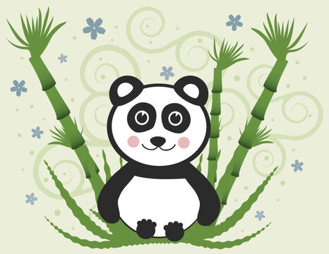 Vector Cheerful Baby Panda against Bamboo Background