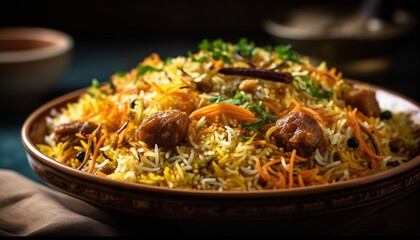 Saffron rice with meat and vegetables bowl generated by AI