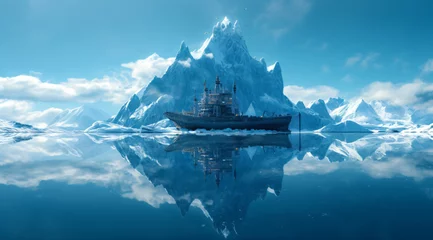 Photo sur Plexiglas Bleu Jeans an iceberg floating in the ocean, arctic landscape with blue sky and ship, fictional landscape created with generative ai