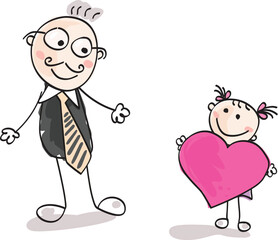 Small girl give big heart to her father. Vector Illustration.