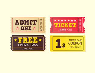 On movie or to Theatre? Use my tickets! In 4 different variants. Vector Illustration.