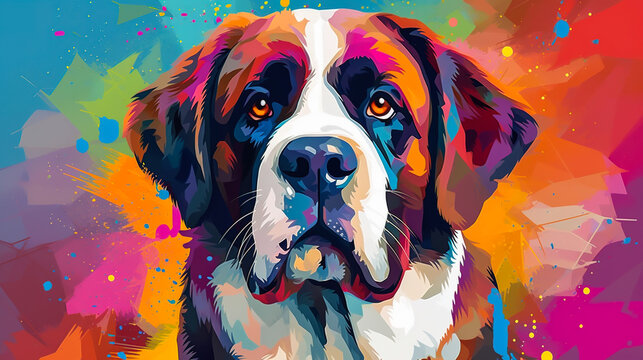 Saint Bernard dog face vector illustration in abstract mixed grunge colors digital painting in minimal graphic art style. Very cute small dog. Digital illustration generative AI.