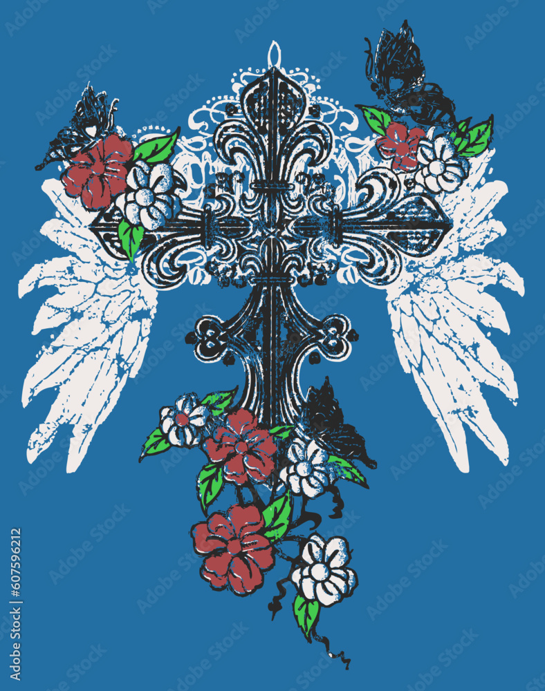 Fototapete tribal cross desgin with wing and scroll background for your label