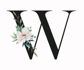 Capital letter W decorated with green leaves and pansies. Letter of the English alphabet with floral decoration. Floral letter.
