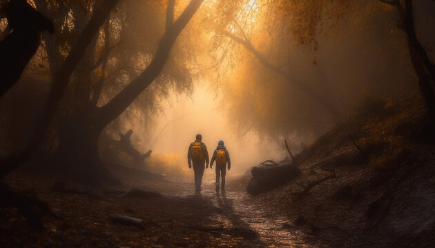 Two men hiking in foggy autumn forest generated by AI