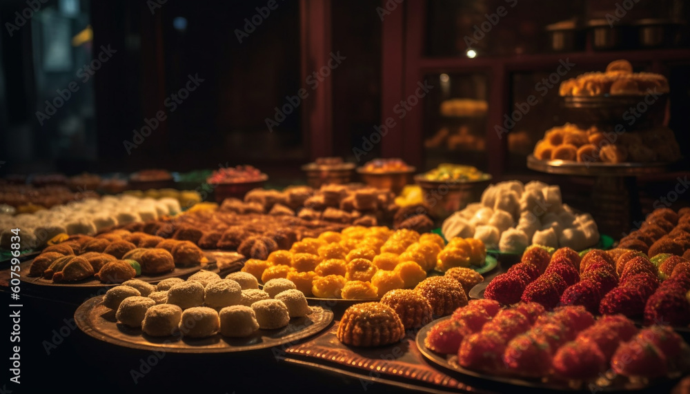 Poster candy and dessert in a row generated by ai