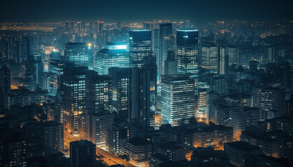 Illuminated skyscrapers light up Beijing modern skyline generated by AI