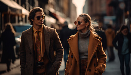 Young couple walking in the city, fashionable elegance generated by AI - obrazy, fototapety, plakaty