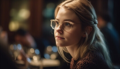 Obraz premium Young woman with glasses smiles at camera generated by AI