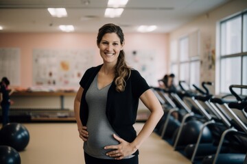 Fototapeta na wymiar Portrait of pregnant woman standing in fitness studio with arms akimbo